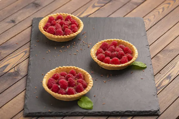 Tartlet Cream Fresh Raspberries Top View — Stock Photo, Image