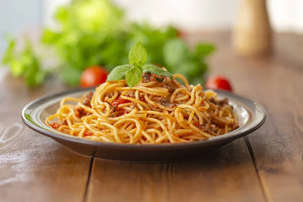 Spaghetti Bolognese Con Sugo Pomodoro Carne Macinata Pasta Italiana Sana — Foto Stock