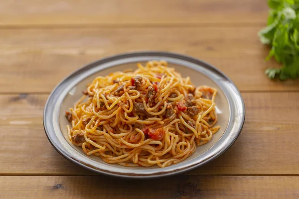 Spaghetti Bolognese Con Sugo Pomodoro Carne Macinata Pasta Italiana Sana — Foto Stock