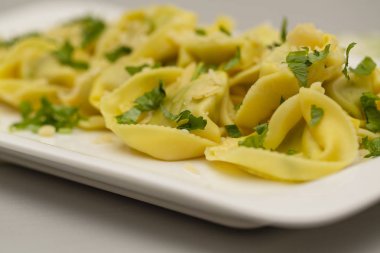 Ricotta peyniri ve otlar ve Parmesan peyniri beyaz bir tabak üzerinde süslenmiş ıspanak, geleneksel İtalyan Mantısı.