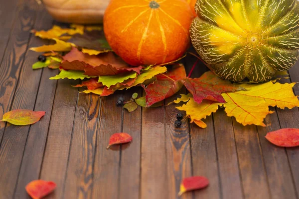 Thanksgiving background. Autumn vegetables, berries and leaves on a wooden Board. The concept of thanksgiving.