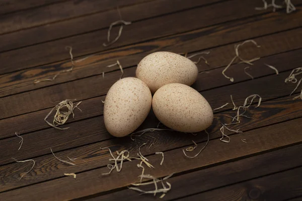 Group Three Fresh Turkey Eggs Wooden Table — Stock Photo, Image