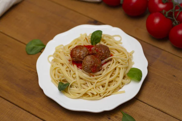 Spaghetti Pasta Meatballs Tomato Sauce Basil Herbs Parmesan Cheese Wooden — Stock Photo, Image