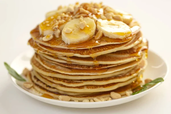 Sweet Homemade Stack Pancakes Banana Nuts Honey Delicious Breakfast — Stock Photo, Image