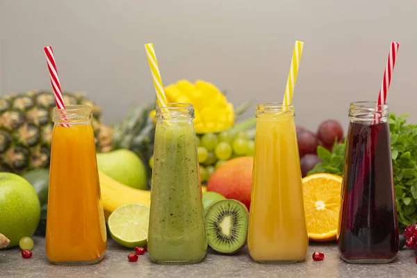 Assortment Fruit Vegetables Smoothies Glass Bottles Fresh Organic Smoothie Ingredients — Stock Photo, Image