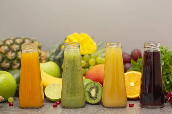 Assortment Fruit Vegetables Smoothies Glass Bottles Fresh Organic Smoothie Ingredients — Stock Photo, Image