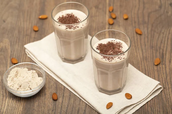 Healthy chocolate protein shake with almond milk. Delicious Healthy breakfast or snack. Selective focus