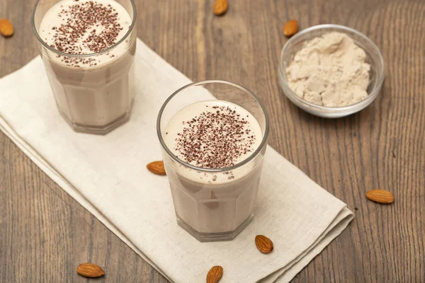 Healthy chocolate protein shake with almond milk. Delicious Healthy breakfast or snack. Selective focus