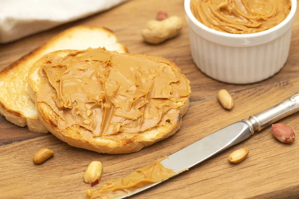 Peanut Butter Sandwiches Toasts Wooden Background Tasty Breakfast Selective Focus — Stock Photo, Image