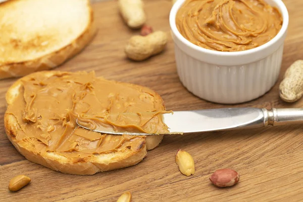 Peanut Butter Sandwiches Toasts Wooden Background Tasty Breakfast Selective Focus — Stock Photo, Image
