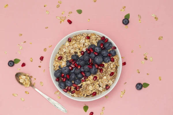 Smoothie Schale Mit Blaubeeren Granatäpfeln Und Müsli Frühstück Smoothie Schüssel — Stockfoto