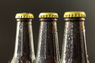 Karanlık arka planda bira cam şişeler. Islak bira şişesi grubu. Seçici odak