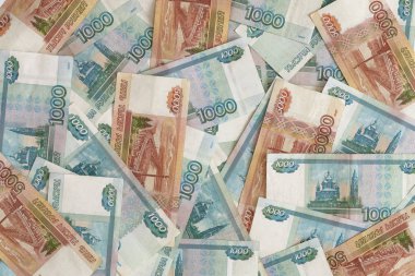 Bir sürü Rus para banknotları. Rus para geçmişi. Ruble banknotlar closeup doku