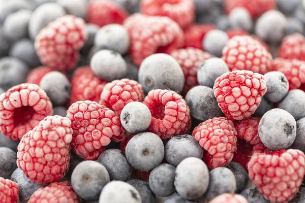 Frozen Berries Raspberry Blueberry Macro Selective Focus Shallow Depth Field — Stock Photo, Image