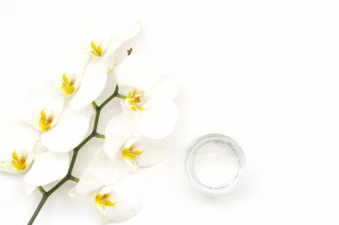 Beyaz arka plan üzerinde nemlendirici yüz jeli ve güzel orkide çiçekleri. Güzellik Spa konsepti. Jel ve Beyaz Phalaenopsis orkide ile açılan plastik konteyner. Organik Doğal kozmetik.