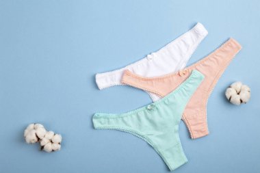 Dişi pastel pamuk, mavi arka planda iç çamaşırı ve pamuk çiçeği. Güzel iç çamaşırı. Üst manzara, düz yatış. Kadın iç çamaşırları.. 