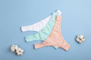 Dişi pastel pamuk, mavi arka planda iç çamaşırı ve pamuk çiçeği. Güzel iç çamaşırı. Üst manzara, düz yatış. Kadın iç çamaşırları.. 