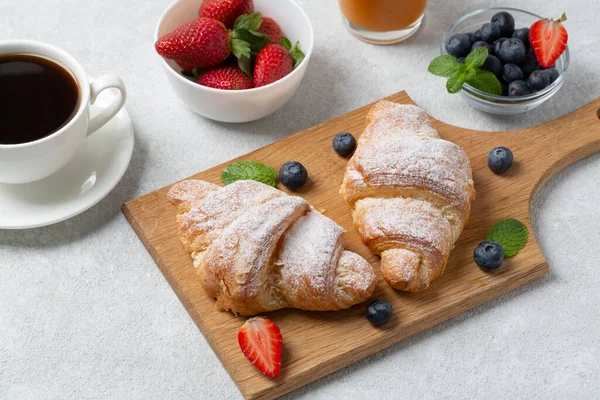 Croissants Fresh Berries Strawberries Blueberries Coffee Cup Traditional Snack Breakfast — Stock Photo, Image