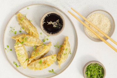 Geleneksel Japon gyoza hamur köfteleri seramik tabakta, üst manzara.