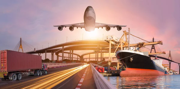 Panorama Transporte Logístico Conceito Por Caminhão Barco Avião Para Logística — Fotografia de Stock