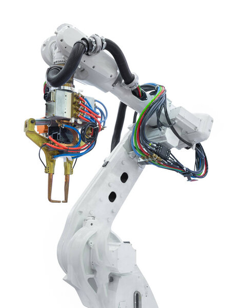 Промышленные роботизированные руки изолированы на белом фоне с вырезкой пути
