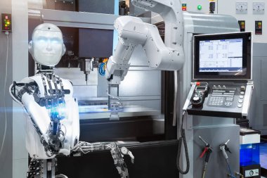 İnsansı robot kontrol otomatik robot sanayi ile Cnc makine akıllı fabrikasında. Geleceğin teknolojisi kavramı