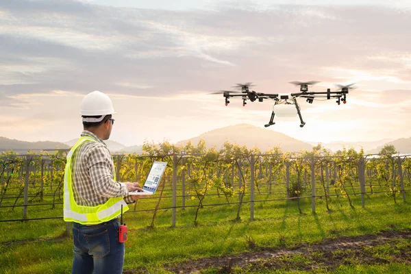 Técnico Agricultor Uso Wifi Ordenador Control Agricultura Drone Volar Fertilizante — Foto de Stock