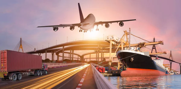 Panoramatransport Und Logistikkonzept Lkw Boot Flugzeug Für Logistischen Importexport Hintergrund — Stockfoto