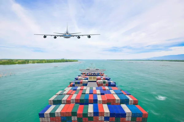 Légifelvételek Konténer Teherszállító Hajó Kereskedelmi Repülőgép Közlekedési Logisztikai Import Export — Stock Fotó