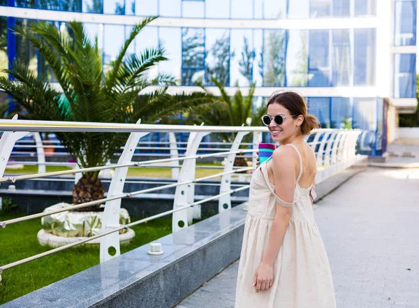 Beautiful Young Woman Walking Summer City — Stock Photo, Image