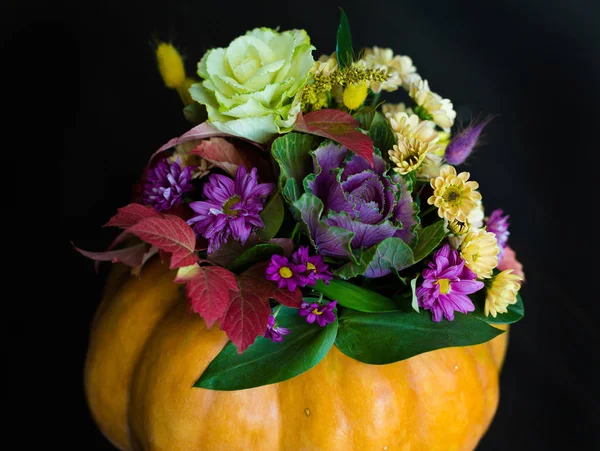 Świąteczny Dziękczynienia Jesienią Układ Kwiaty Dyni — Zdjęcie stockowe