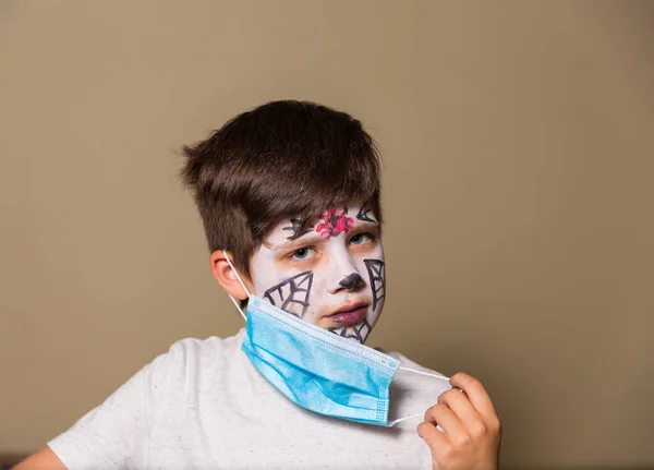 Boy Halloween Makeup Wearing Surgical Mask — Stock Photo, Image