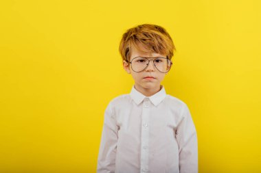 Gözlüklü, beyaz gömlekli küçük bir çocuğun portresi.