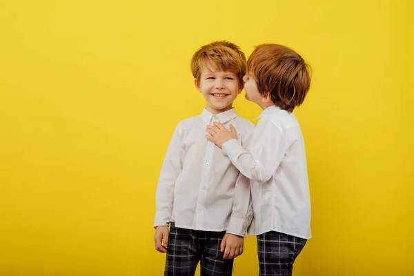 Twee kleine jongens knuffelen, spelen, gekleed in wit shirt — Stockfoto