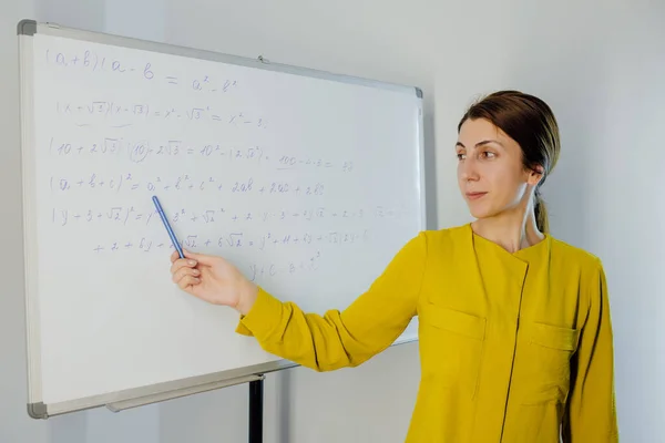 Junge Lehrerin, die von zu Hause aus arbeitet, unterrichtet Online-Mathematik — Stockfoto