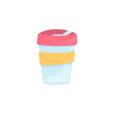 Sıfır Atık elementi - termo kupa. Kendi bardağını getir. Plastik yok. El çizilmiş vektör Çizim beyaz arka plan üzerinde izole