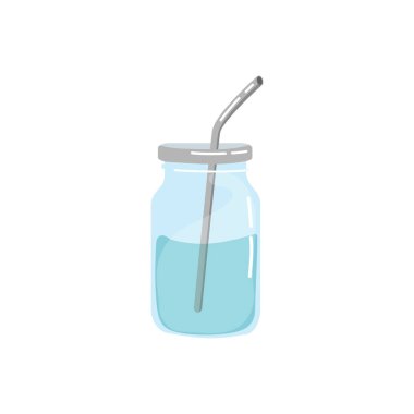 Sıfır Atık elemanları - çelik saman ile cam kavanoz. Kendi bardağını getir. Plastik yok. El çizilmiş vektör Çizim beyaz arka plan üzerinde izole.
