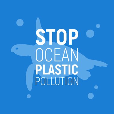 Okyanus Plastik Kirliliğini Azaltma Kavramı. Kaplumbağa ile arka plan. Okyanus konseptini kurtarın. Eko sorun posteri. Vektör çizimi