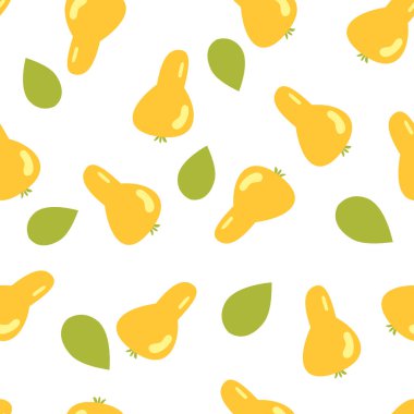 Beyaz arka plan üzerinde sarı armut ile vektör dikişsiz desen. İllüstrasyon sevimli karikatür tarzı. Kumaş ve duvar kağıdı için vektör baskı. Vegan, çiftlik, doğal gıda arka plan