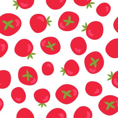 Kırmızı domates ile vektör dikişsiz desen. Taze organik gıda. Vegan, çiftlik, doğal gıda geçmişi. Organik madde. Eko tasarım illüstrasyon. Vektör doodle arka plan