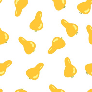 Beyaz arka plan üzerinde sarı armut ile vektör dikişsiz desen. İllüstrasyon sevimli karikatür tarzı. Kumaş ve duvar kağıdı için vektör baskı. Vegan, çiftlik, doğal gıda arka plan