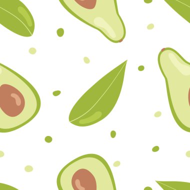 Avokado dikişsiz desen. Beyaz arka plan üzerinde avokado ile Vektör dikişsiz desen. İllüstrasyon sevimli karikatür tarzı. Kumaş ve duvar kağıdı için vektör baskı. Vegan, çiftlik, doğal gıda arka plan