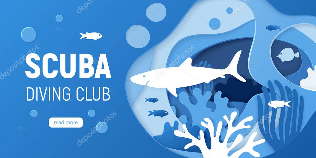 Scuba diving. Paper art. Paper cut underwater background with coral reefs. Vector illustration