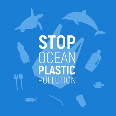 Okyanus Plastik Kirliliği. Plastik torba, çöp, yunus ve kaplumbağa ile sualtı arka plan. Okyanus konseptini kurtarın. Eko sorun posteri. Vektör çizimi