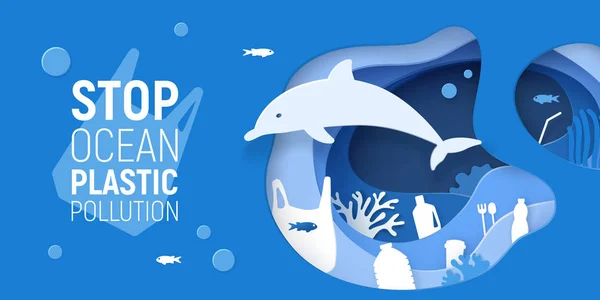 Ocean Plastic Pollution. Paper cut underwater background with plastic rubbish, dolphin and coral reefs. Save the ocean concept. Eco problem poster. Paper art vector illustration