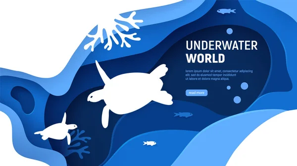 Plantilla de página mundo submarino. Arte de papel bajo el agua concepto del mundo con silueta de tortugas. Papel cortado fondo marino con tortuga, olas, peces y arrecifes de coral. Ilustración vectorial artesanal — Vector de stock