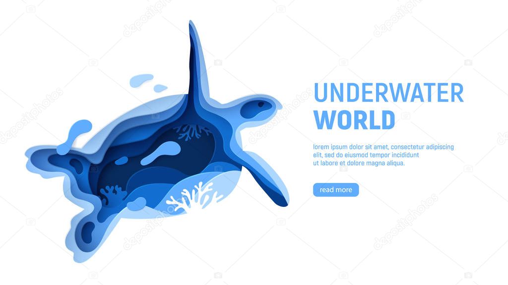 Underwater world page template. Paper art underwater world concept with turtle silhouette. Paper cut sea background with tortoise, waves and coral reefs. Craft vector illustration