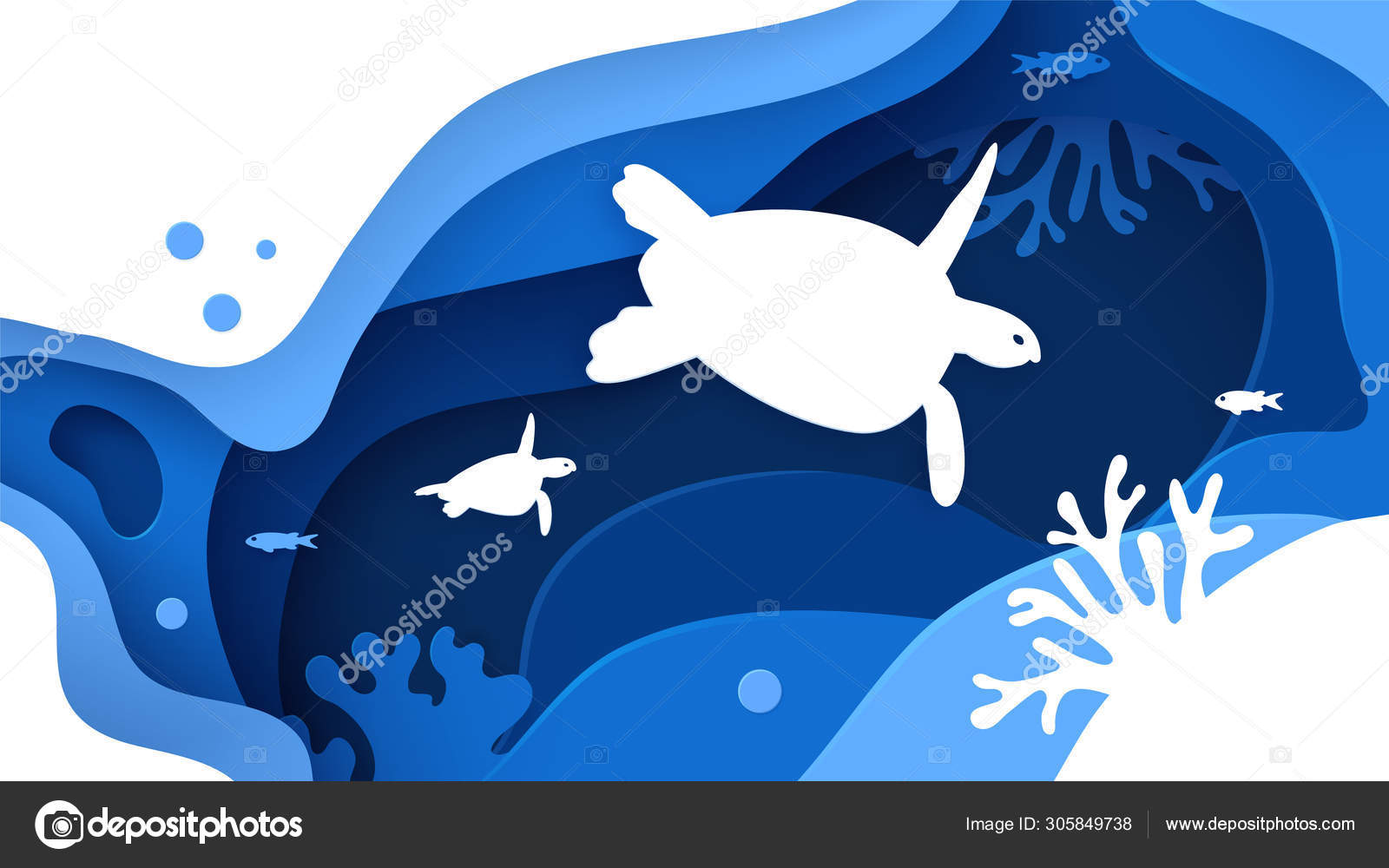 Подводный Мир. Бумажное Искусство Подводного Океана С Силуэтом.