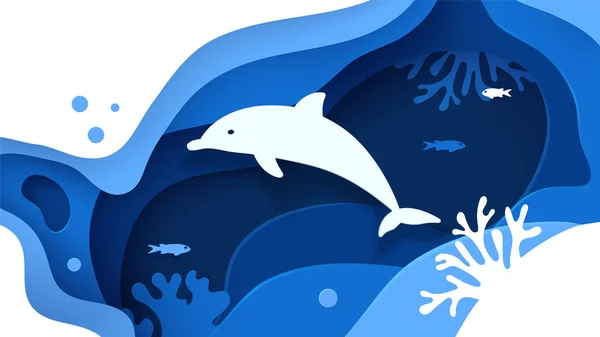 Mundo subaquático. Arte de papel conceito oceano subaquático com silhueta de golfinho. Papel cortado fundo do mar com golfinhos, ondas, peixes e recifes de coral. Salve o oceano. Ilustração vetorial de artesanato — Vetor de Stock