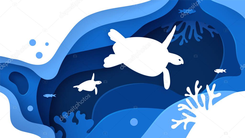 Underwater world. Paper art underwater ocean concept with turtles silhouette. Paper cut sea background with tortoise, waves, fish and coral reefs. Save the ocean. Craft vector illustration